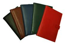 black, british tan, navy blue, green and red leather journals